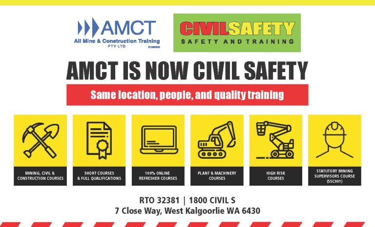 All Mine & Construction Training logo next to Civil Safety logo stating that AMCT is now Civil Safety. With a banner that says same location, people and quality training